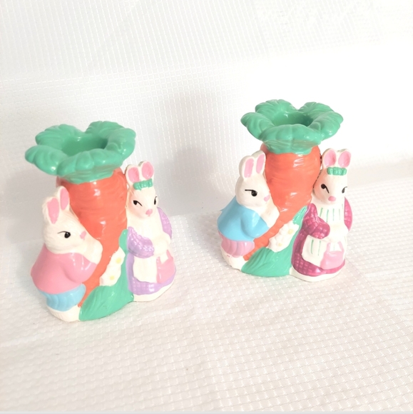Rabbit Candle Holders Painted Ceramic Carrot Easter Bunnys Mr Mrs - Picture 1 of 9